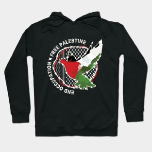 End Occupation Free Palestine with Palestinian Arabic Kufiya Hatta Pattern -wht Hoodie